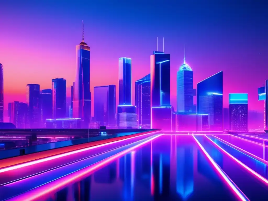 Futurista ciudad nocturna con rascacielos de cristal iluminados por neón Futuro de inversiones: Ciudad nocturna con rascacielos de vidrio, luces de neón y símbolos de criptomonedas