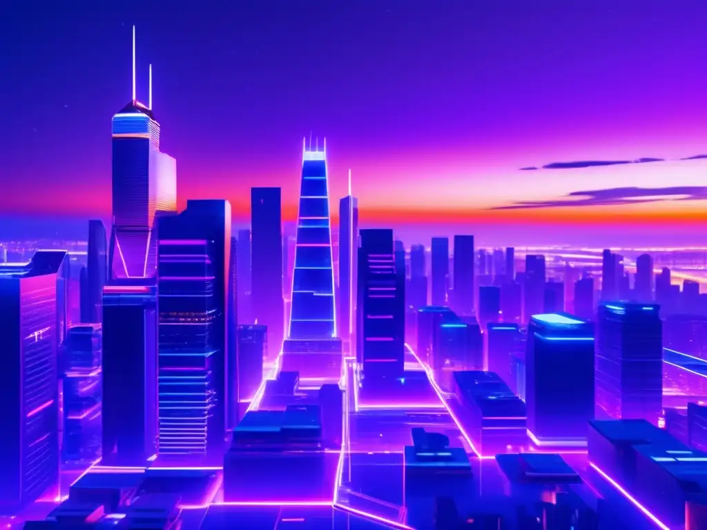 Futurista ciudad con rascacielos y luces de neón Futuro de las inversiones: ciudad futurista, rascacielos, luces de neón, regulaciones e inversión global