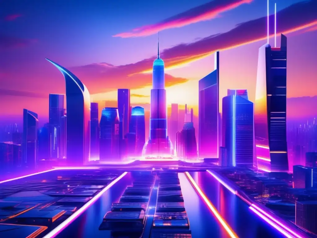 Ciudad futurista con rascacielos y tecnología Futuro de inversiones: tendencias y predicciones globales en una ciudad futurista