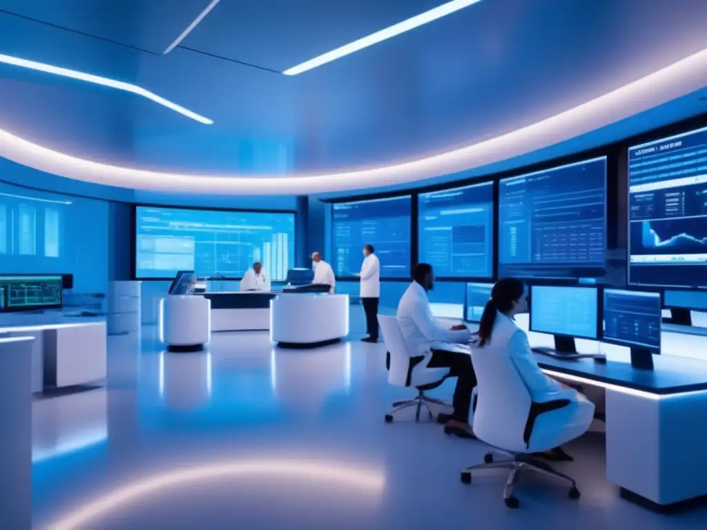 Laboratorio financiero futurista Futuro laboratorio financiero, investigadores analizando datos de inversiones alternativas fuera bolsa