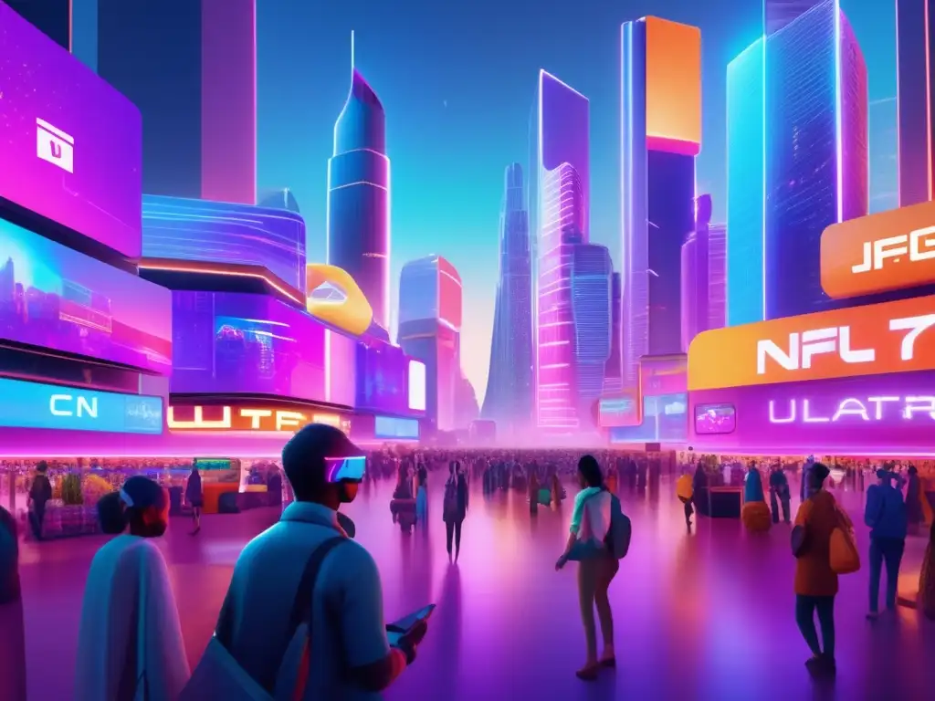 Mercado digital futurista con NFTs Futuro mercado digital de NFTs: ciudad vibrante con AR y arte digital - Beneficios y regulaciones de NFTs