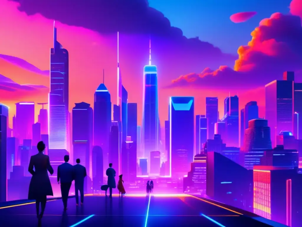 Futurista ciudad nocturna con rascacielos y hologramas Futuro metropolitano: Inversión ICO, potencial explosivo