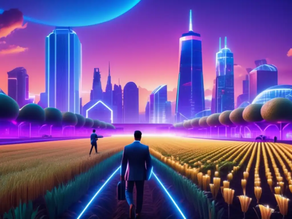 Futuro de la agricultura en DeFi Futuro farming DeFi: paisaje digital con agricultores profesionales y cultivos holográficos