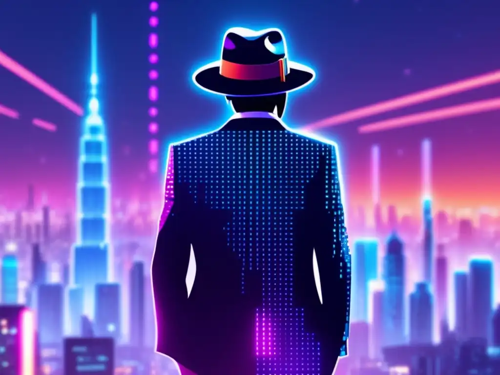 Paisaje digital futurista con código binario y figura enigmática Futuro paisaje digital con rascacielos de código binario, figura enigmática de Satoshi Nakamoto, trascendentalidad de Bitcoin