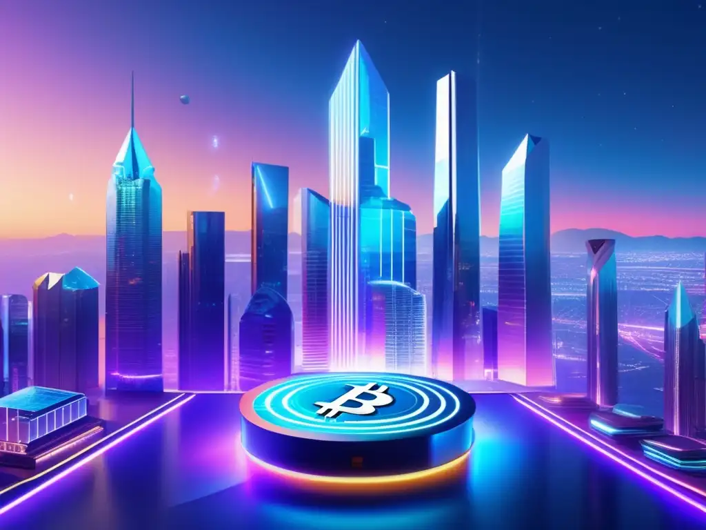 Futuroso paisaje digital con criptomonedas Futuro paisaje digital con rascacielos holográficos y plataforma de staking
