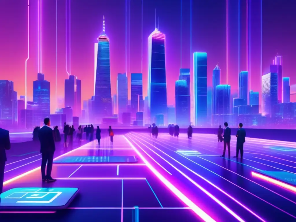 Futuro de criptomonedas en ciudad blockchain Futuro paisaje digital con rascacielos de código blockchain iluminados por luces neón, plataforma de staking y personas analizando datos