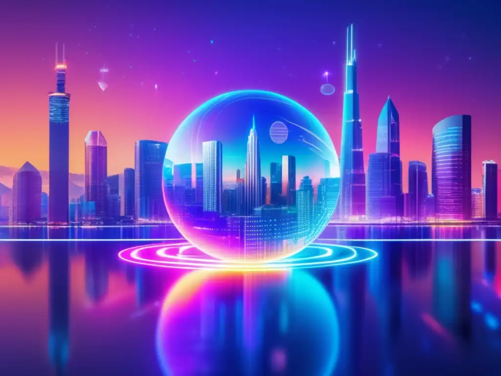 Ciudad futurista de criptomonedas Futuro paisaje digital con rascacielos de símbolos criptográficos, mostrando la economía de las criptomonedas