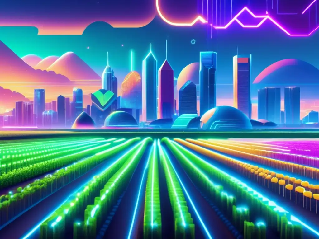 Futuro paisaje digital: Criptocultivo Futuro paisaje digital con rascacielos criptográficos y campos de cultivos cripto