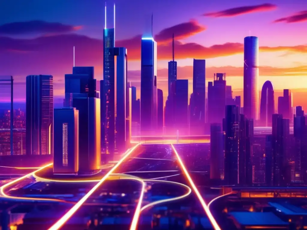 Futuro industrial: rascacielos de plomo y atardecer Un futuro paisaje industrial con rascacielos de plomo brillante, iluminado por luces vibrantes en una metrópolis dinámica