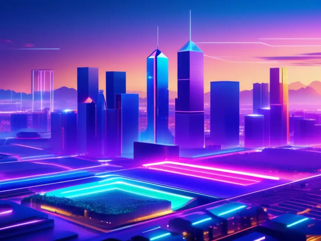 Futuro urbano blockchain Futuro paisaje con rascacielos blockchain, granja digital y yield farming criptoactivos multiplicar