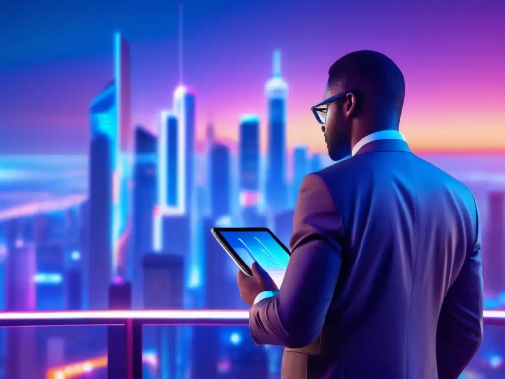 Futurista ciudad nocturna con rascacielos iluminados Futuro paisaje urbano con rascacielos iluminados por luces neón, tendencias de inversión con inteligencia artificial