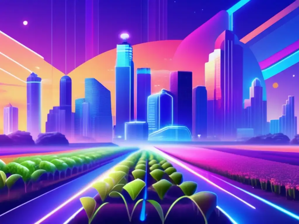 Futuro de la agricultura en DeFi Futuro del farming en DeFi: paisaje virtual de rascacielos digitales y cultivos brillantes, simbolizando la colaboración en el ecosistema