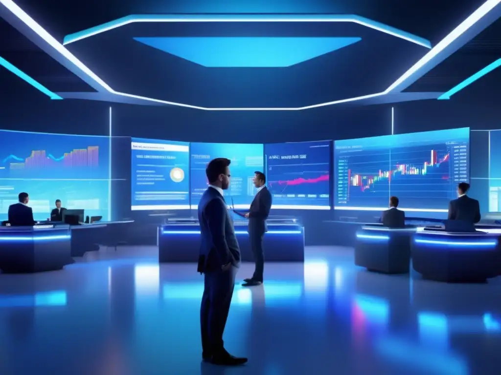 Piso de bolsa futurista con tecnología avanzada Futuro piso de bolsa con traders analizando datos en pantallas transparentes, gráficos en el aire y luz azul suave