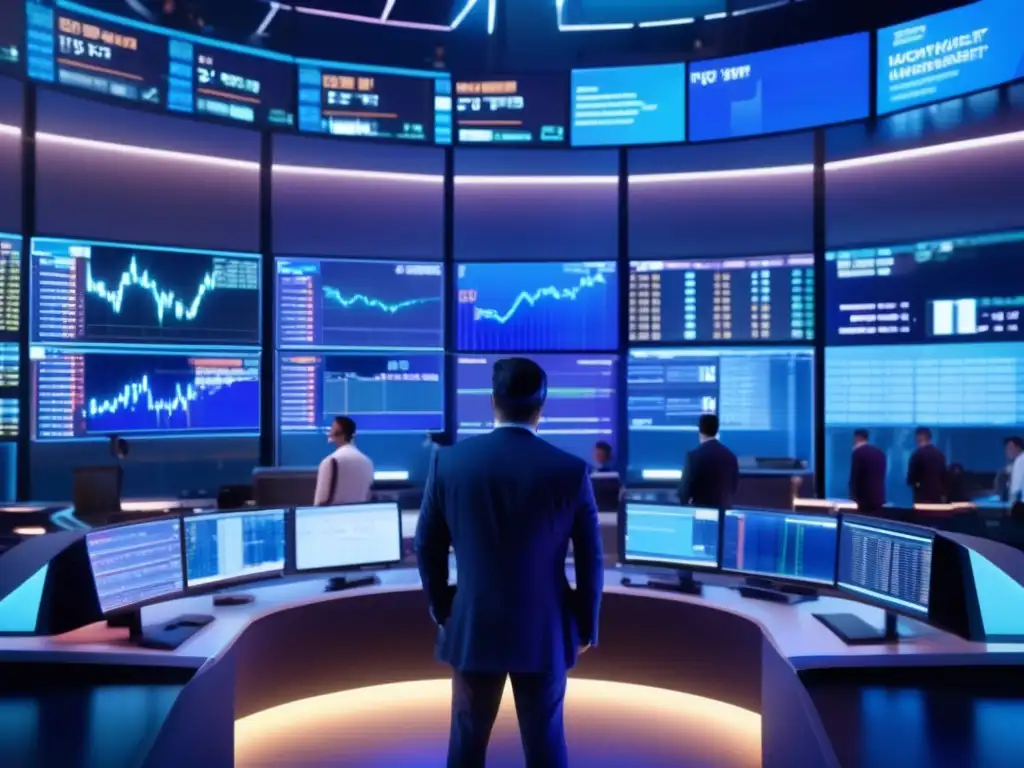 Traders analizando datos en una sala de operaciones futurista Futuro piso bursátil 8k, tecnología avanzada, pantallas digitales, traders monitorean datos, decisiones rápidas