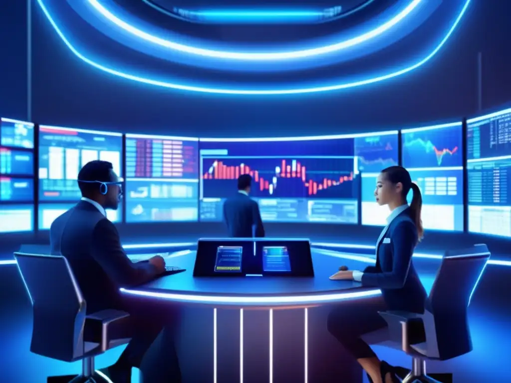 Traders analizando gráficos en piso de trading Futuro piso bursátil con traders analizando gráficos y el indicador Williams %R detectando sobrecompras y sobreventas