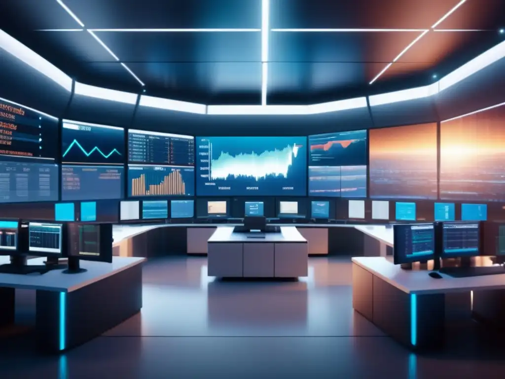 Futuro piso de trading en 8K Futuro piso de negociación en la bolsa con alta tecnología y luz natural