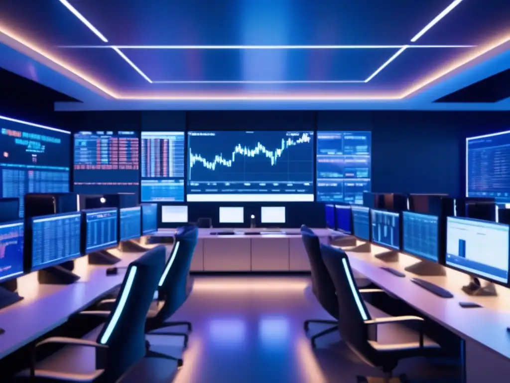 Futuro trading floor con traders y gráficos Futuro piso de operaciones bursátiles en 8k ultradetallado, con estaciones de trabajo modernas y traders en trajes elegantes y auriculares