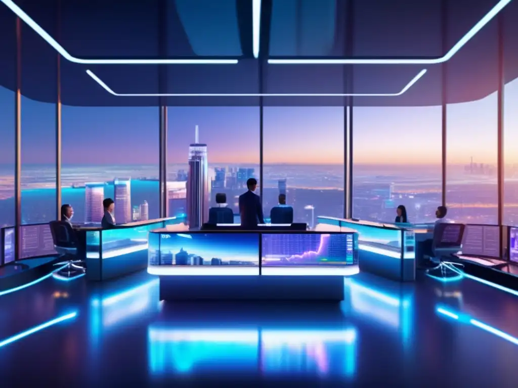 Futuro trading con IA y realidad aumentada Futuro piso de trading 8K con paredes de vidrio transparente, ciudad bulliciosa, hologramas de criptomonedas y traders con AR y IA
