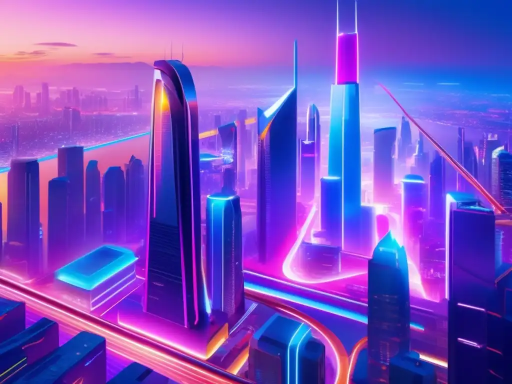 Futurista ciudad iluminada con luces de neón Futuro de políticas monetarias criptomonedas: Ciudad futurista en 8k con rascacielos transparentes, vehículos voladores y tecnología innovadora