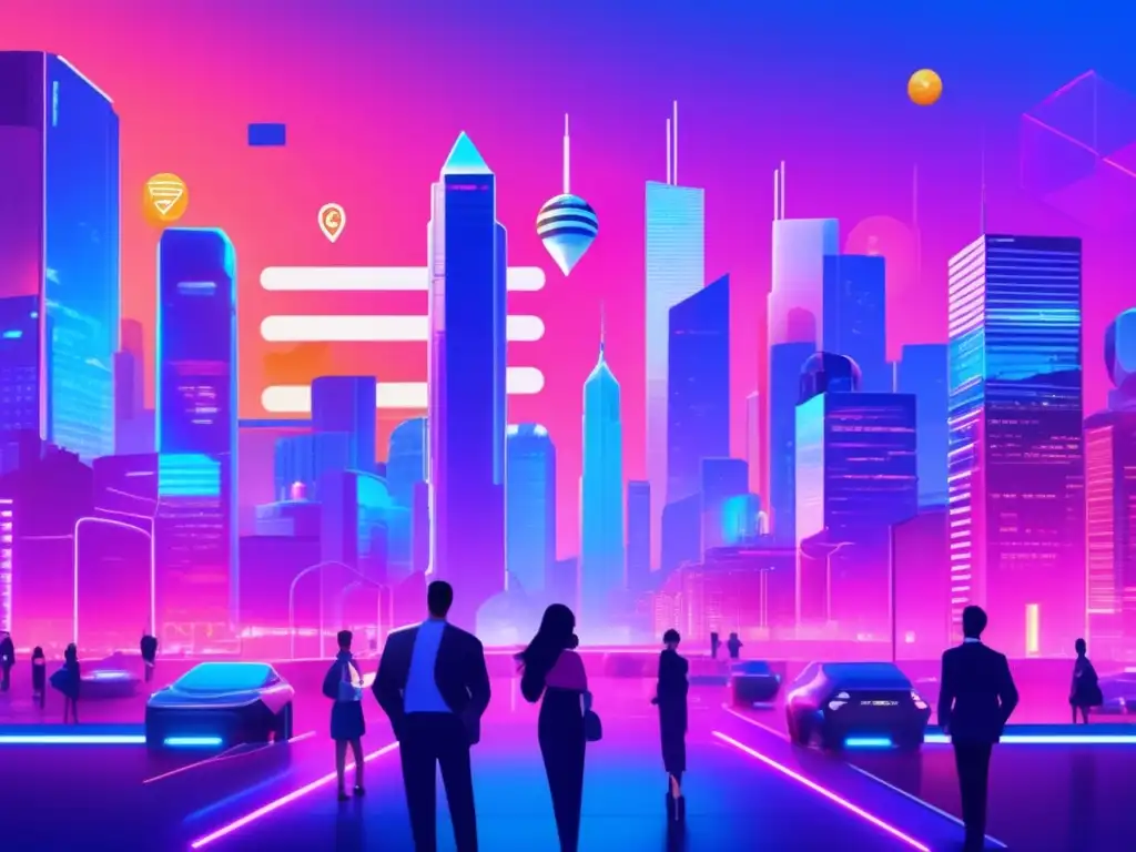 Futuro de las criptomonedas en ciudad futurista Futuro de políticas monetarias criptomonedas: Una ciudad futurista con rascacielos, billboards digitales y personas discutiendo