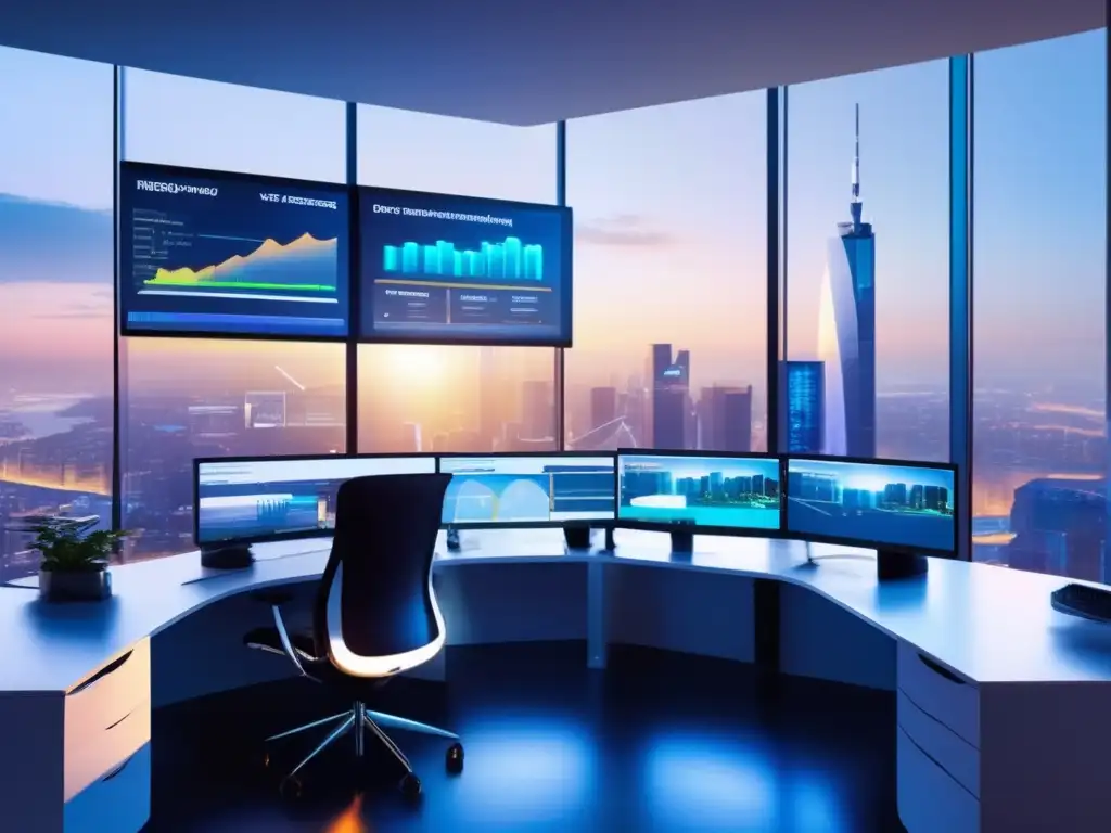 Oficina futurista con diseño moderno y tecnología avanzada Futuro de la gestión de portafolio con tecnología avanzada y tendencias de software