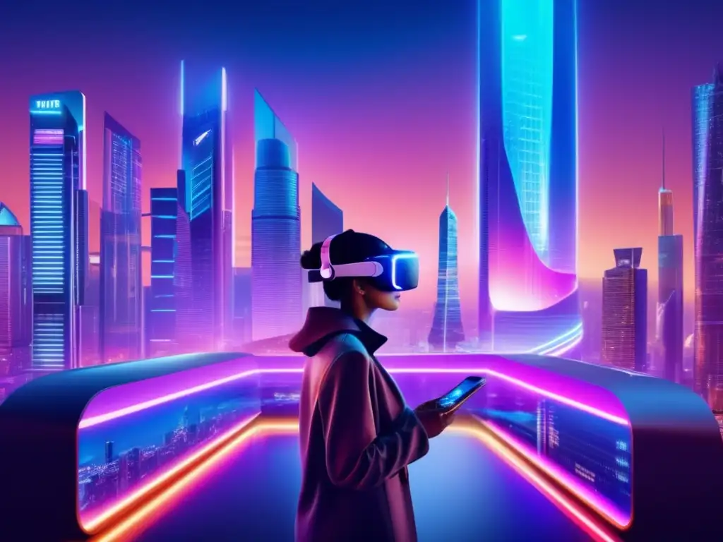 Ciudad futurista con luces de neón y realidad virtual Futuro de la publicidad digital: Beneficios de invertir en Basic Attention Token (BAT)