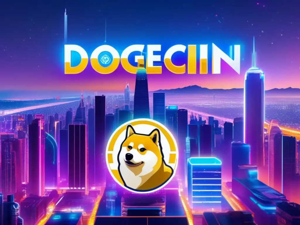Ciudad futurista con rascacielos y Dogecoin Futuro rascacielos con luces neón y símbolos de Dogecoin