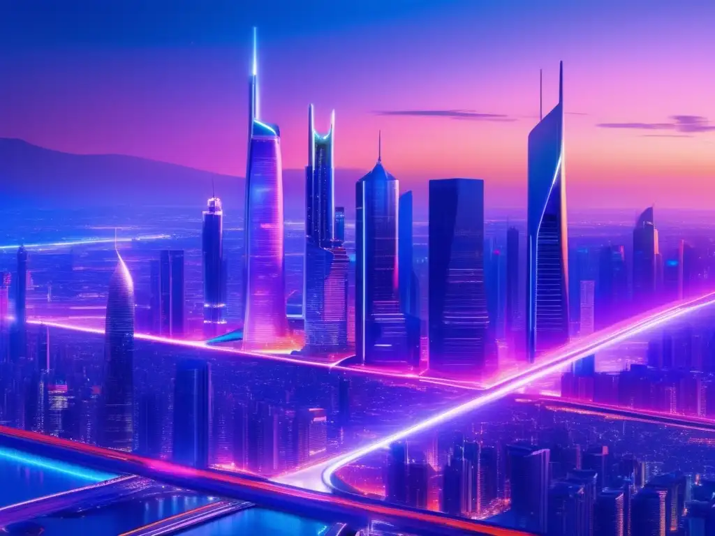 Ciudad futurista con rascacielos luminosos Futuro rentabilidad startups tecnológicas, ciudad futurista con rascacielos y tecnología vanguardista