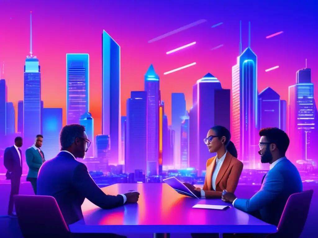 Futuro incierto de inversiones en startups Futuro skyline de una ciudad al atardecer, con rascacielos modernos y luces de neón