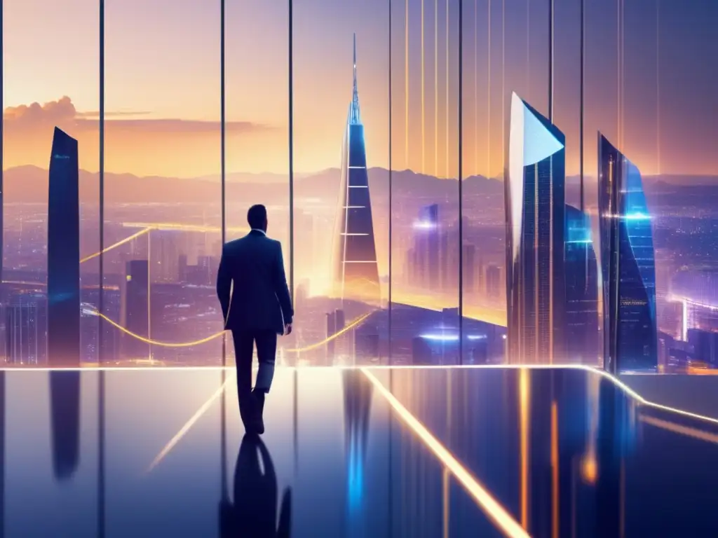 Ciudad futurista de riesgos financieros Futuro skyline de una ciudad con edificios de vidrio y acero interconectados por líneas brillantes