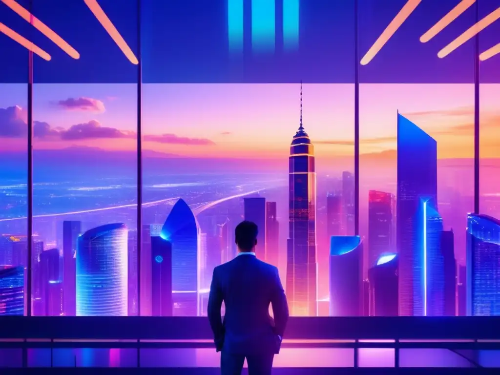 Futuro urbano con rascacielos y gráficos financieros Futuro skyline de ciudad con rascacielos, gráficos financieros y persona exitosa - Estrategias de inversión con interés compuesto