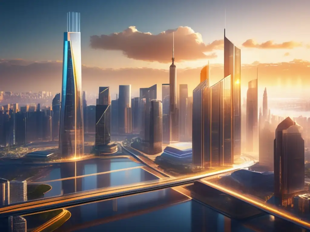 Futurista ciudad interconectada inversores diversificados Futuro skyline de ciudad con rascacielos, inversores diversificados y tecnología: Flexibilidad mental para invertir