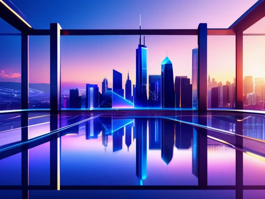 Futuro financiero con blockchain Futuro skyline de una ciudad con rascacielos de vidrio y acero, integrando blockchain en inversiones