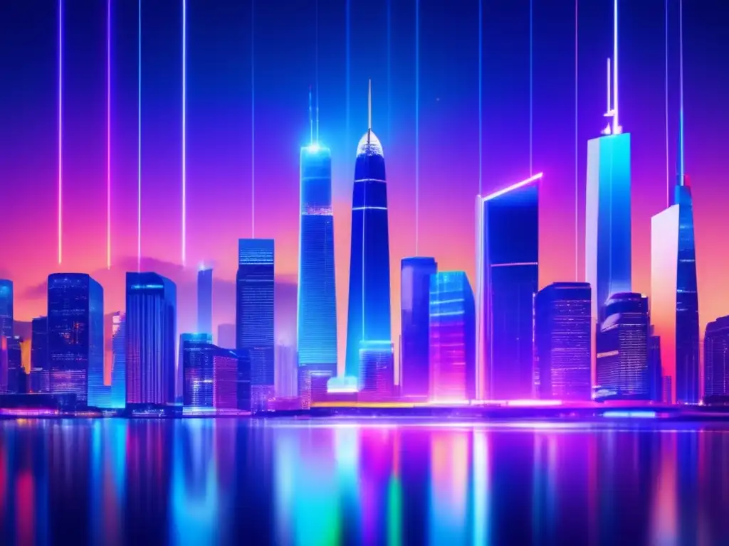 Ciudad futurista con datos financieros en tiempo real Futuro skyline nocturno de ciudad con rascacielos iluminados y proyecciones holográficas de datos financieros en tiempo real