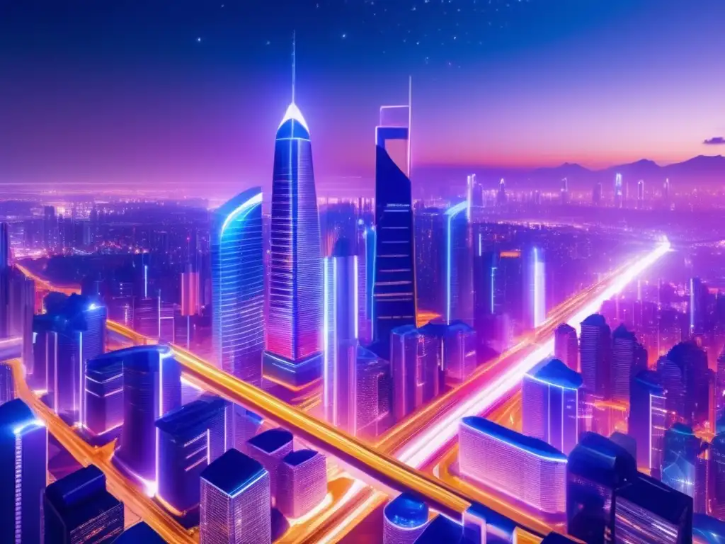 Futuro skyline nocturno: roboadvisors y tecnología avanzada Futuro skyline nocturno con rascacielos modernos iluminados por luces neón