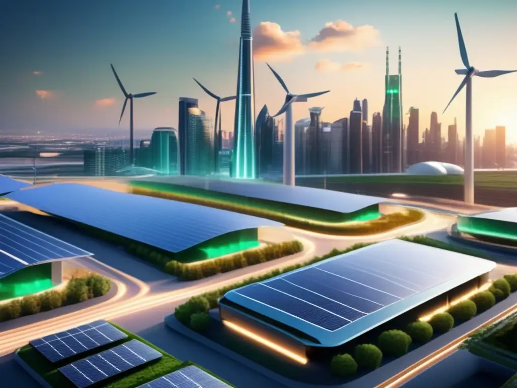 Ciudad futurista con energía renovable Futuro skyline sostenible: ciudad solar con energías renovables - Predicciones inversión energías renovables