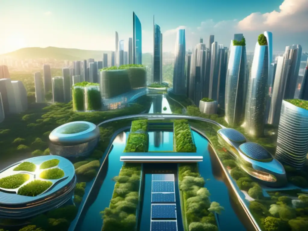 Futura ciudad sostenible con rascacielos eco-amigables Un futuro sostenible con Roboadvisors y arquitectura ecoamigable