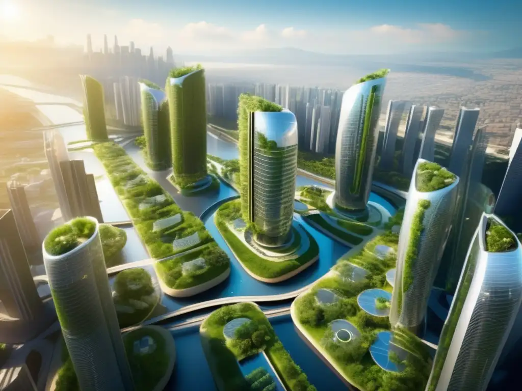Futuro ciudad ecológica con rascacielos verdes Futuro sostenible: Ciudad ecoamigable con tecnología limpia