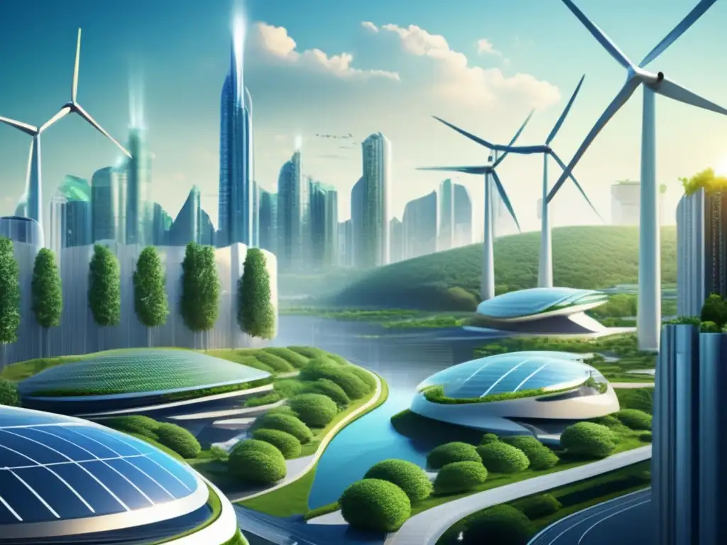 Futuro sostenible: Ciudad ecológica Un futuro sostenible: ciudad futurista con energía renovable, arquitectura integrada y coexistencia armónica con la naturaleza