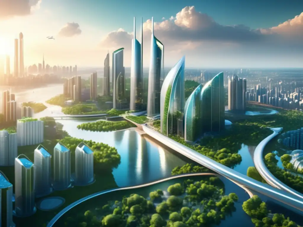 Futuro sostenible: ciudad futurista con energías renovables Un futuro sostenible: ciudad futurista, energía renovable, investigación y créditos fiscales