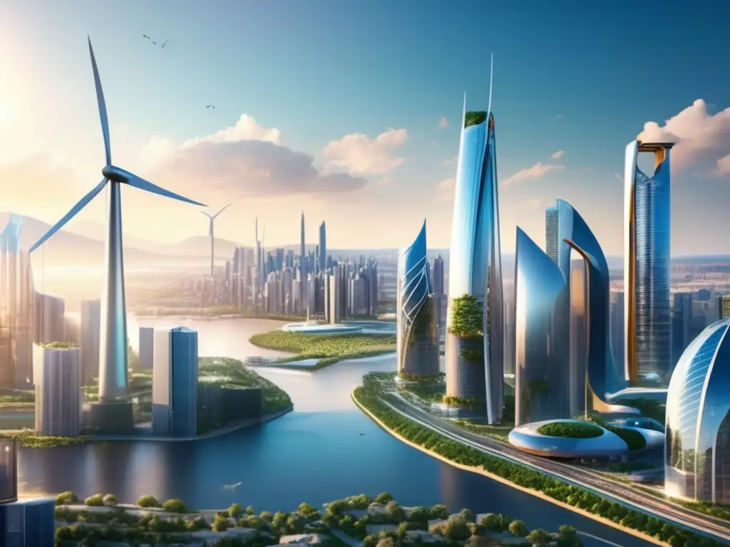 Ciudad futurista sostenible y limpia Futuro sostenible: Ciudad con rascacielos verdes y energía renovable