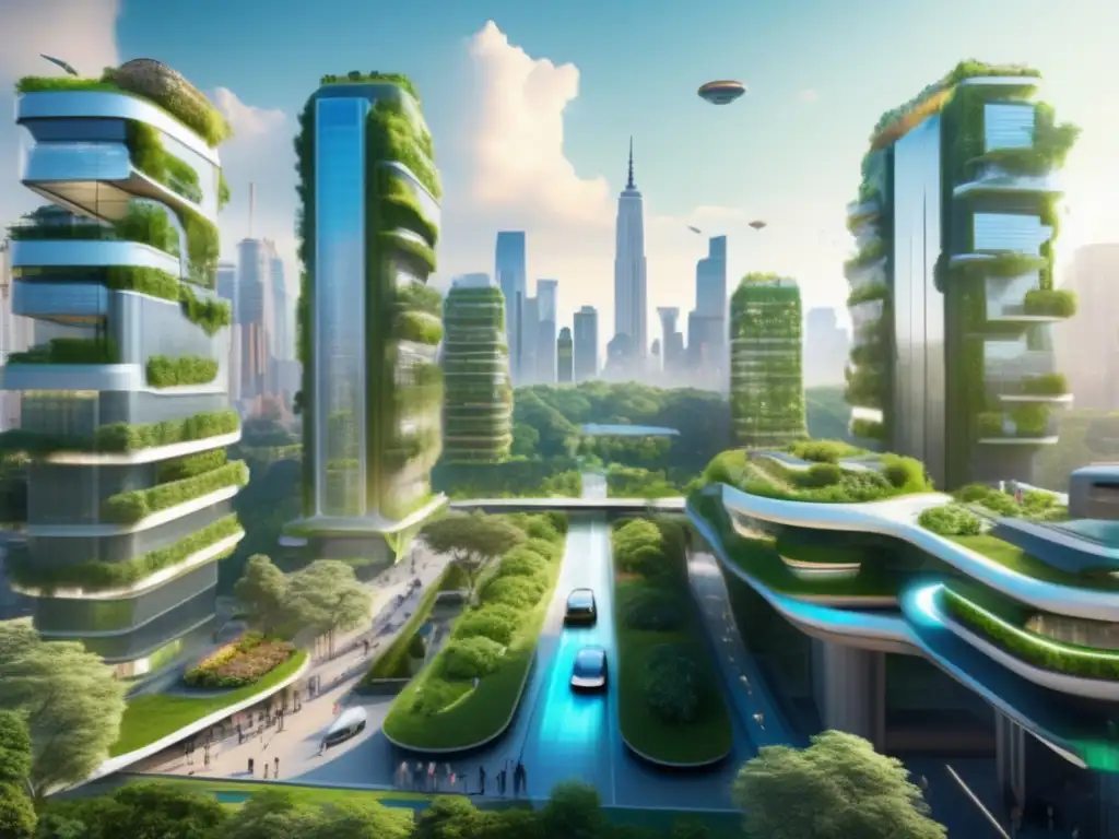 Ciudad futurista con edificios ecológicos y verdes Un futuro sostenible con edificios ecológicos, vehículos eléctricos y bonos verdes: Beneficios de los bonos verdes