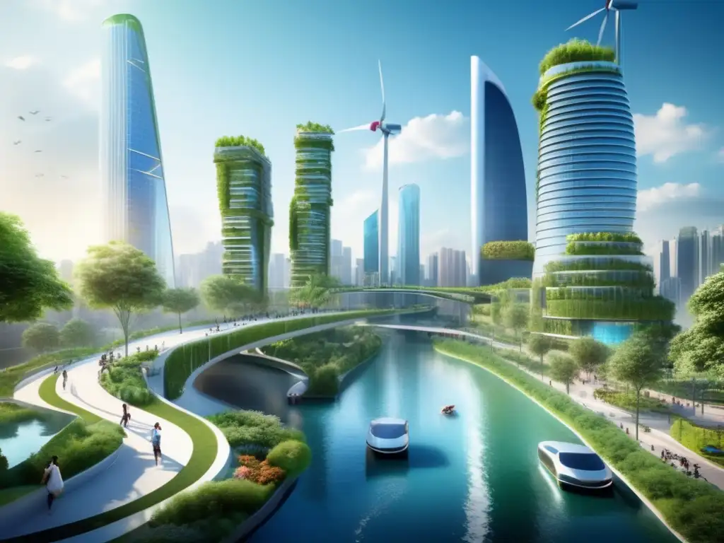 Ciudad futurista sostenible con rascacielos verdes Un futuro sostenible con infraestructuras modernas y naturaleza, invirtiendo en salud sostenible