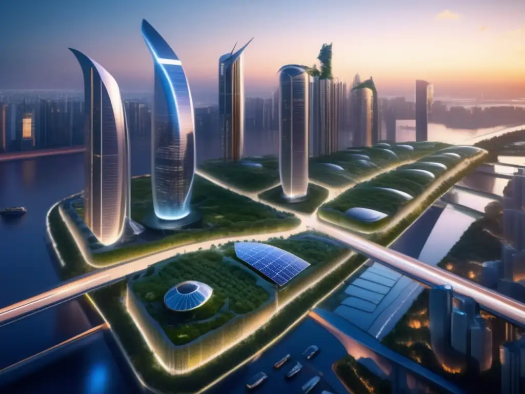 Ciudad futurista sostenible al atardecer Un futuro sostenible con inversiones en energía y materias primas