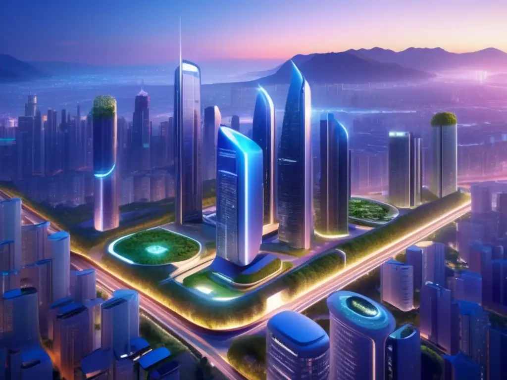 Futurista ciudad sostenible con rascacielos modernos Futuro sostenible: Inversiones ESG, ciudad futurista con rascacielos verdes y vehículos eléctricos