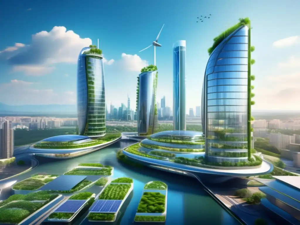 Ciudad futurista sostenible con edificios modernos de cristal y acero, energía renovable y tecnología limpia Futuro sostenible: Inversiones tecnología limpia para una ciudad ecológica