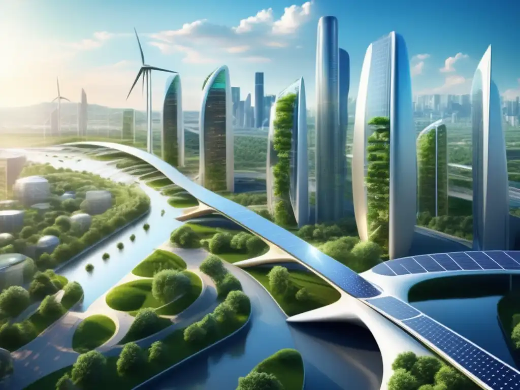 Ciudad futurista con tecnología verde y sostenible Futuro sostenible: Inversiones en tecnología limpia