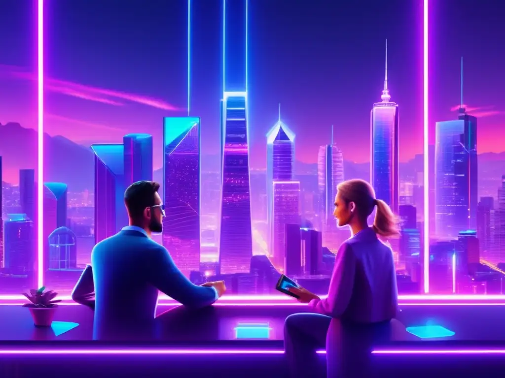 Futuro financiero descentralizado y tecnología blockchain Futuro DeFi y tecnología blockchain en una ciudad vibrante y dinámica