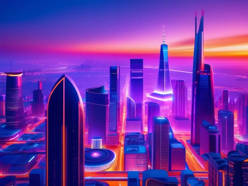 Futurista ciudad nocturna con tecnología y naturaleza Futuro de inversión: ciudad futurista, tecnología, naturaleza, economía, política, tendencias disruptivas (110 caracteres)