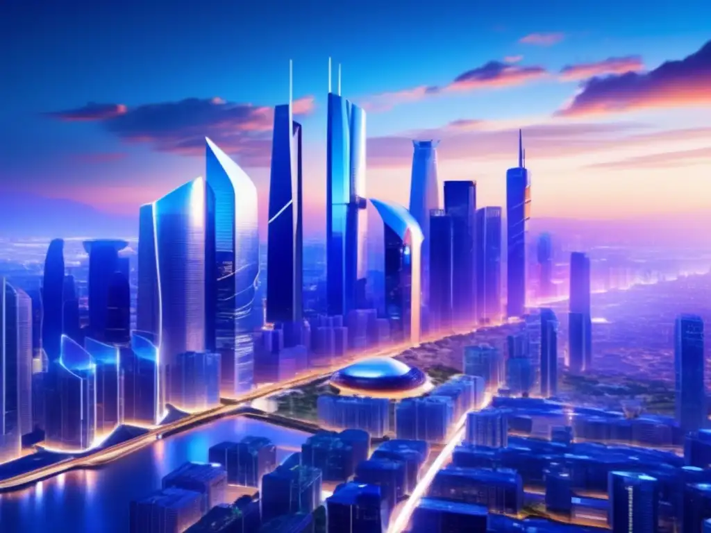 Futuro tecnológico: Ciudad futurista con rascacielos brillantes Futuro tecnológico: Ciudad futurista con rascacielos relucientes, vehículos avanzados y puentes iluminados